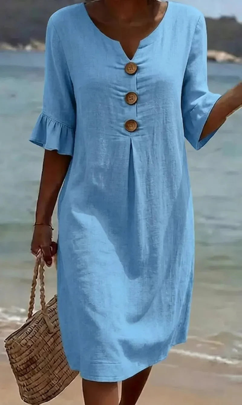 Silvia™ | Vestido lino manga abullonada